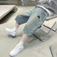 thumbnail image 5 of UACY Jean Shorts for Boys Baggy Embroidery Elastic Waist Fashion Cargo Jeans Straight Leg Loose Fit Outdoor Casual Jorts (Blue, 13-14 Years), 5 of 9