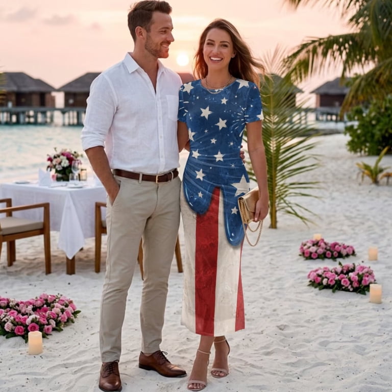 Chririnla Couple Hawaii Luau Party Outfit American Flag Ice Cream Dress with Shirts for His or Her Bodycon Ruched Long Dresses or Button Down Shirts,Patriotic 4th of July Clothes for Couples,S-3XL