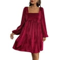 thumbnail image 3 of Robe Babydoll Mini en Velours à Manches Longues à Encolure Carrée Coupe Ample pour Femme Robe Droite Rouge Vin TG, 3 of 9