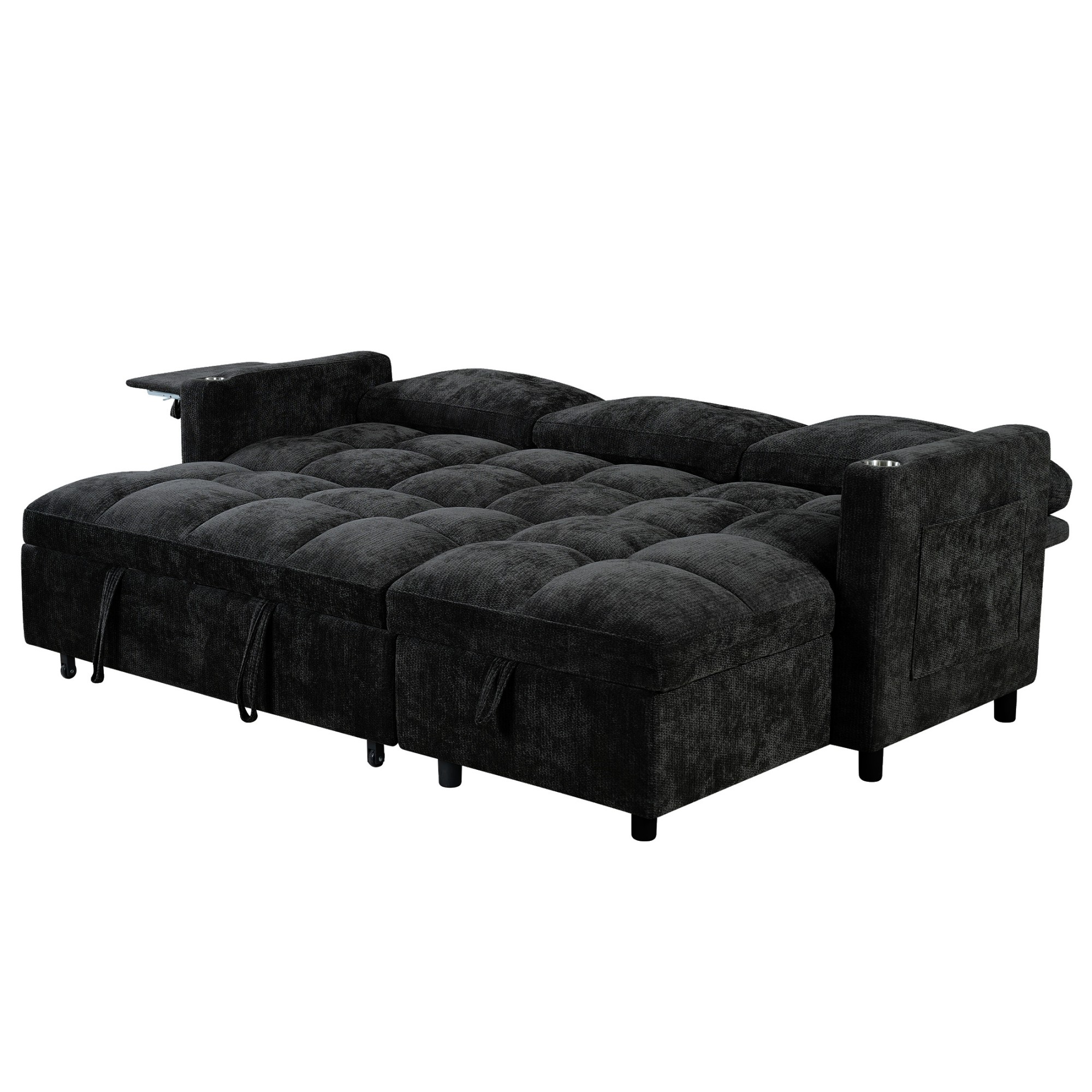 DEALTOPS 82" Chenille L-Shaped Pull-Out Sleeper Sofa Bed, Reversible Storage Chaise & Tray Table, Black