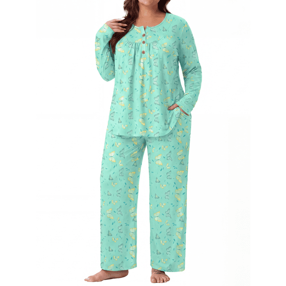 PINKSIR Plus Size Pajama Sets for Women Printed Long Sleeve Henley Sleepwear Button Pleated Top and Long Pants 2 Piece Loungewear Set with Pockets