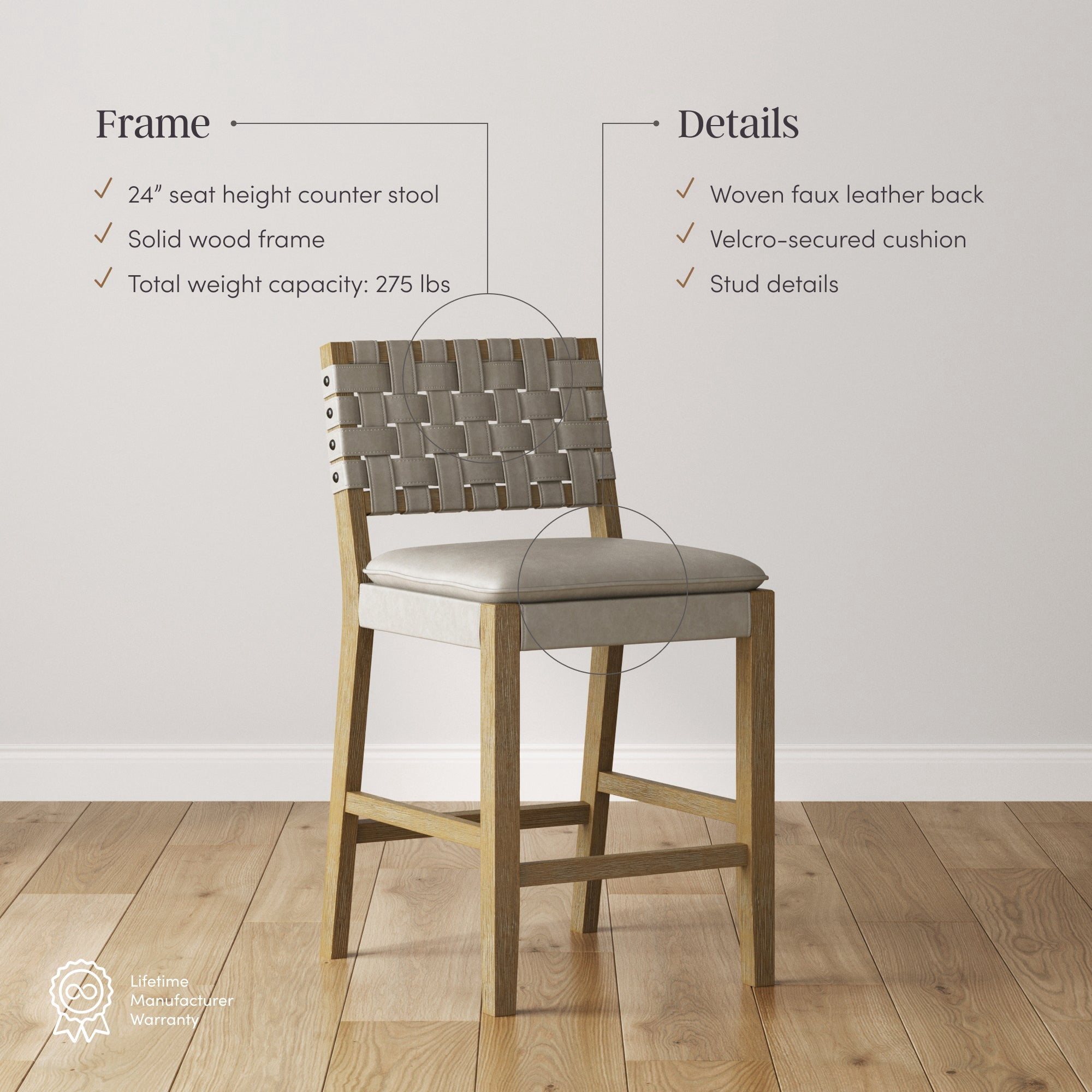 Nathan James Cohen Coastal Bar Stool, Wood Counter Height Leather Bar Stool with Back for Kitchen Island, Gray Mahogany