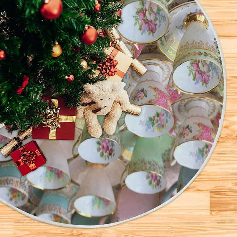 ZHANZZK Vintage Tea Cups Xmas Christmas Tree Skirt Stand Mat for