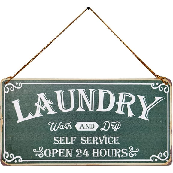 Laundry Wash and Dry Self Service Open 24 Hours Vintage Metal Sign Wall Art Hanging Rustic Farmhouse Home Decor for Laundry Room, Bathroom, Washroom 5X10 Inch