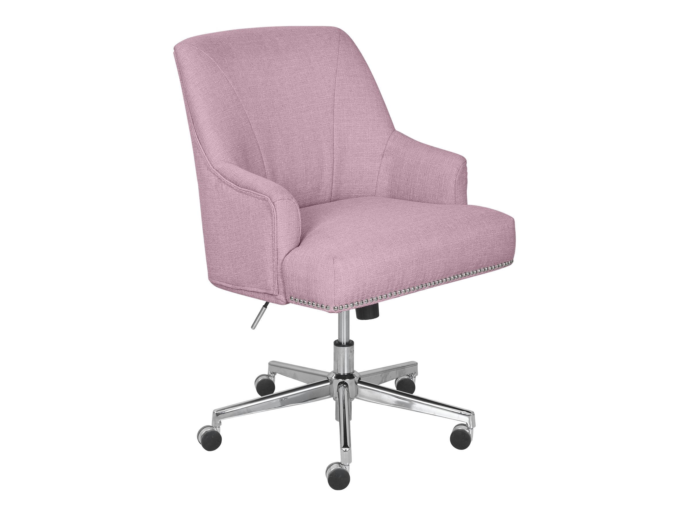 Serta Leighton Home Office Desk Chair, Stylish Mid-Back with Chrome Nailheads, Memory Foam Cushion and Padded Arms, Modern Vanity Armchair, Swivel Base, Twill Fabric, Lilac Purple