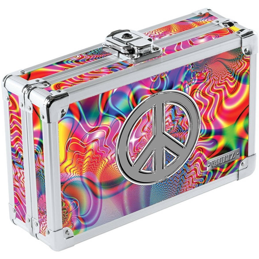 Vaultz Locking Pencil Box, 8.25" x 5.5" x 2.5", Groovy with Peace Sign
