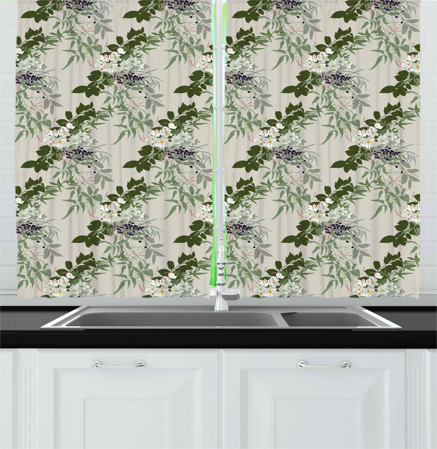 Cactus and Flower on Black Kitchen Curtain Window Drapes 2 Panel Set 55"x39" 