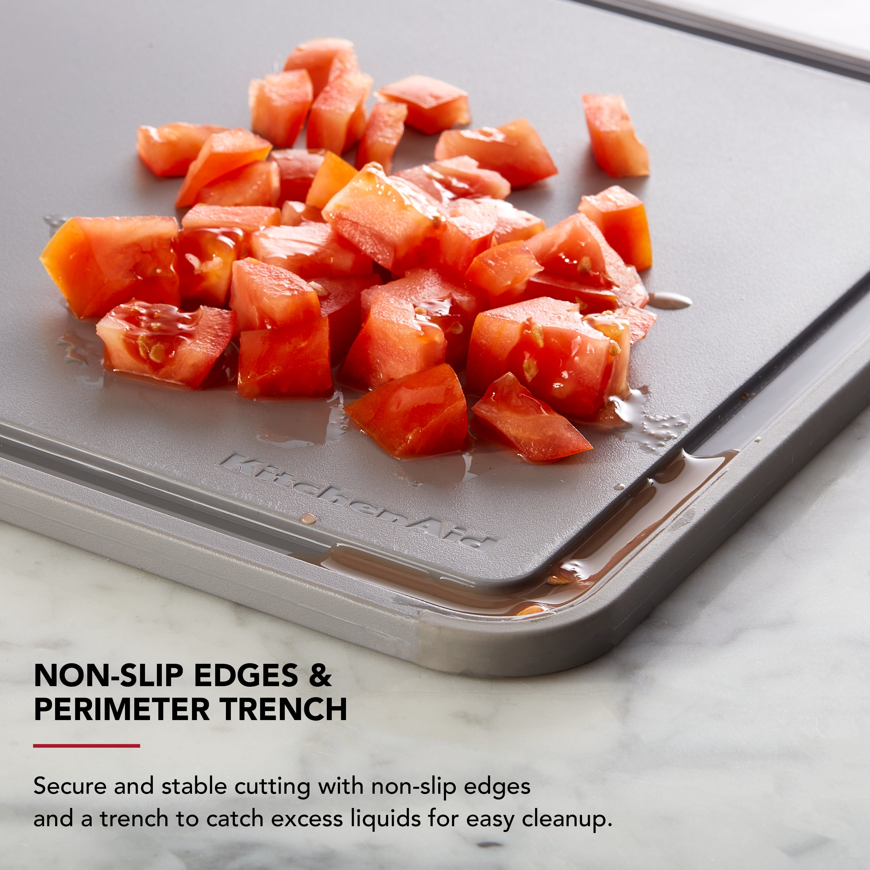 KitchenAid Classic Plastic Cutting Board with Trench, Non-Slip Edges, Dishwasher Safe, 11x14, Charcoal Gray