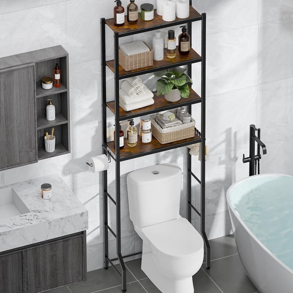 Over-The-Toilet Storage Rack - Freestanding Over The Toilet Storage Cabinet with Paper Holder & Hooks, Bathroom Organizers and Storage, Brown Black, 4 Tiers (72.6" H)