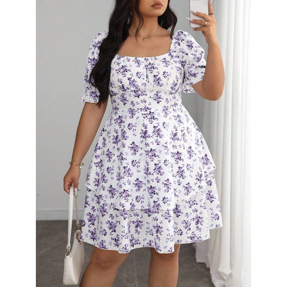 Plus Size Womens Purple Floral Square Neck Short Sleeve Double Ruffle Hem A-Line Dress
