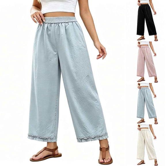 Oksale Casual Pants for Women Petite Trendy Lace Hem Summer Pants with Pockets Plus Size Elastic Waist Ankle Pants for Vacation Pink M