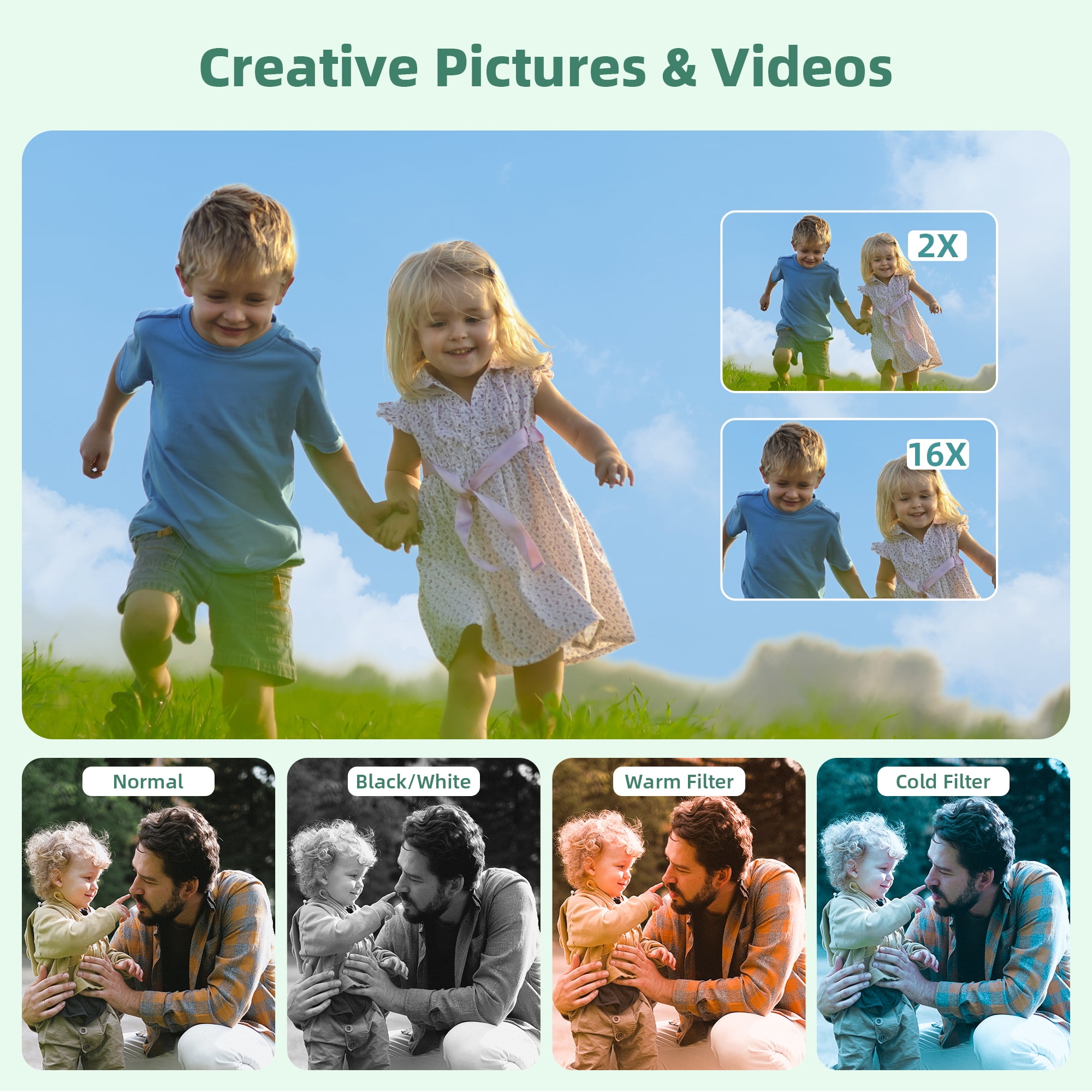 FHD 1080P 44MP Digital Camera with Anti-Shake & 16X Zoom - Compact Point and Shoot for Kids, Teens, Students (Green)