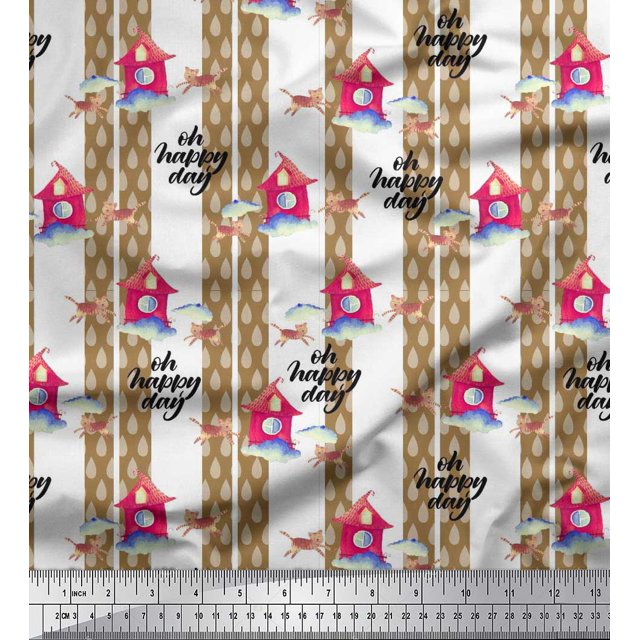 Soimoi Green Rayon Fabric Fish,Bird & Yacht Bird Decor Fabric Printed BTY 42 Inch Wide