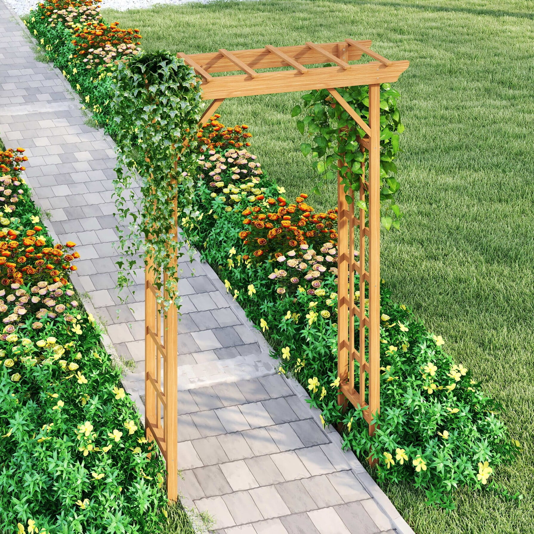 Outsunny 7ft Wooden Garden Arbor - White Fir Wood Wedding Arch & Plant Trellis
