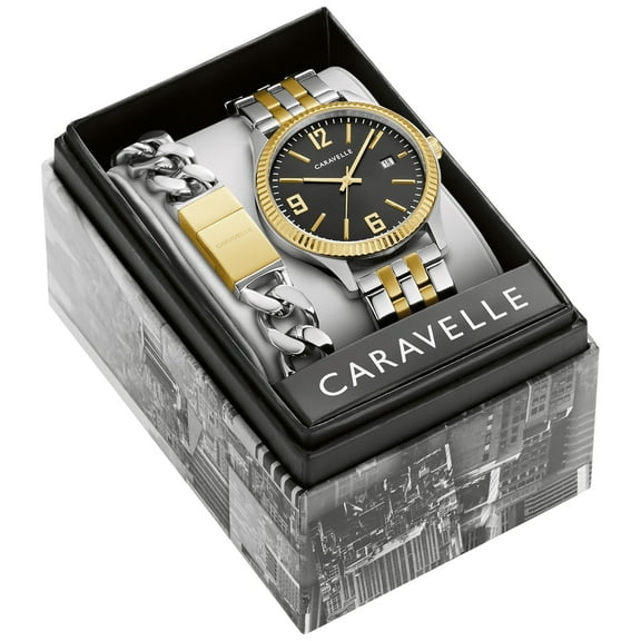 Caravelle by Bulova Men's Two-Tone Stainless Steel Black Dial Watch and Two-Tone Link Bracelet Box Set - 44K000