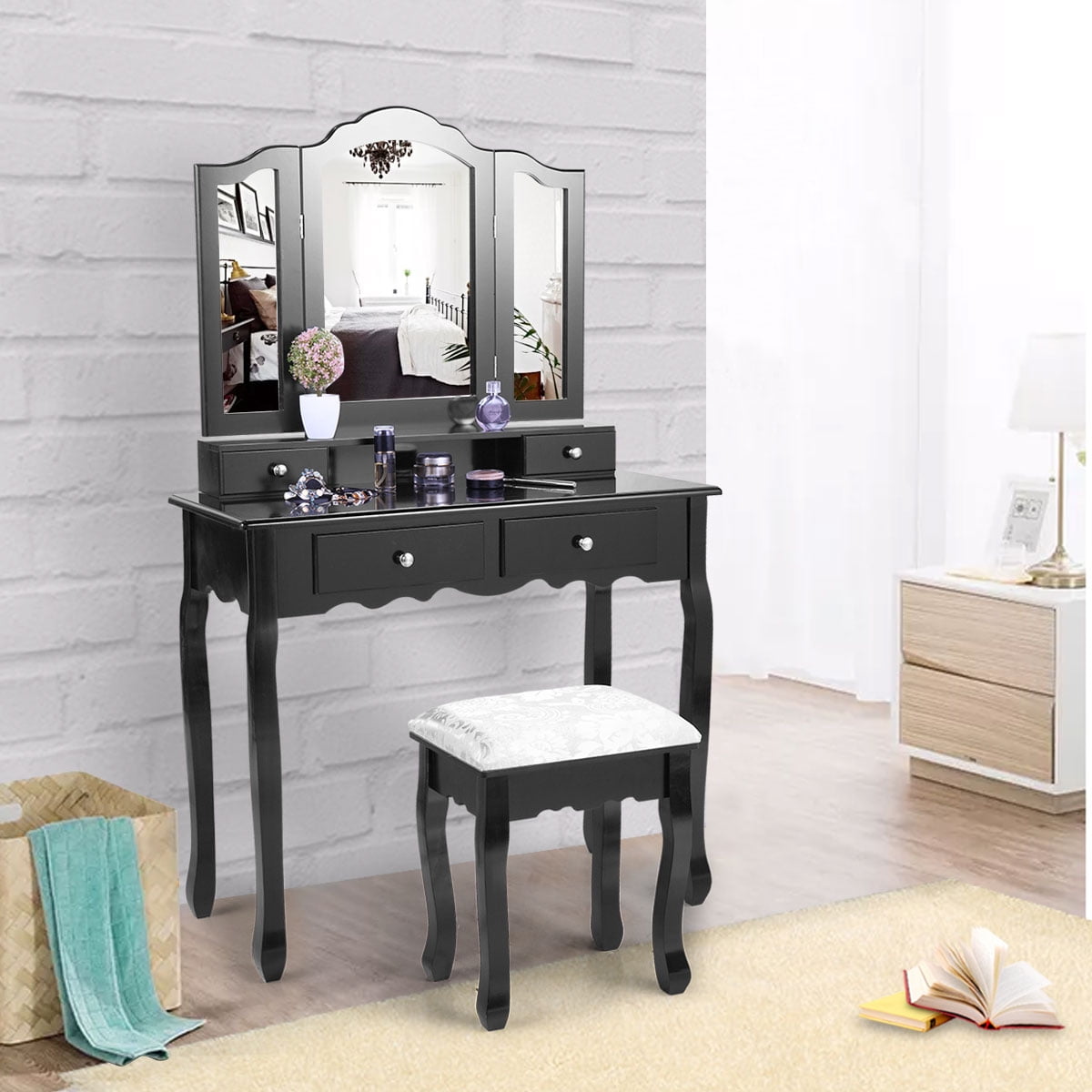 Details about   Makeup Table Vanity Set Folding Mirror Dresser 4 Drawers Dressing Desk Black 