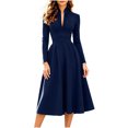 thumbnail image 2 of Karymi Stand‑Collared V‑Neck Long‑Sleeve Solid Midi Dresses for Women, High‑Waist A‑Line Formal Dress, 2 of 6