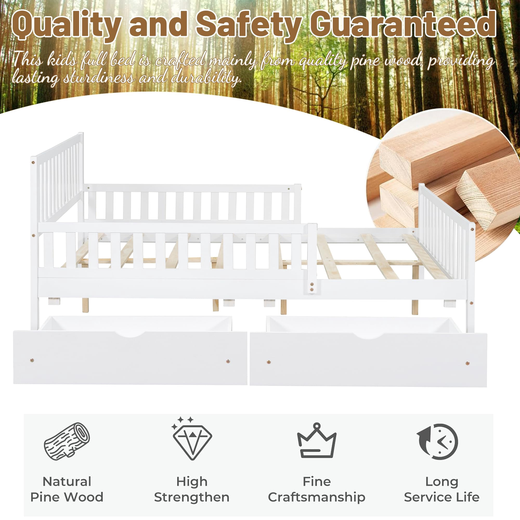 Mirightone Full Bed Frame, Wood Full Size Bed with Storage Drawers, Full Storage Bed with Guardrails on Both Sides . ( White)