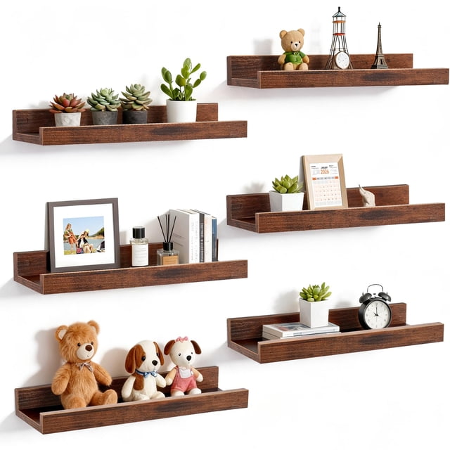 LOKOOY Juego de 6 Repisas Flotantes con Bordes de Seguridad 40x13 cm, Soportan 15 kg MAX, Estantes Flotantes de Pared Decorativas y Organizadoras para Recamara, Baño, Sala, Oficina (Negro/C