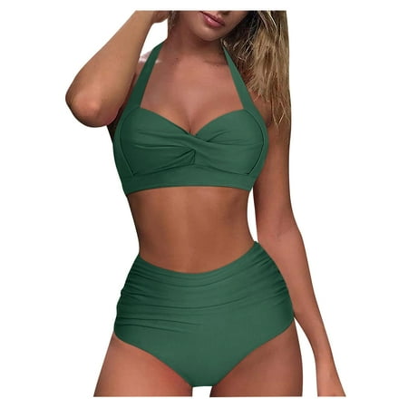 Ruched Women Halter Swimsuit Women Swim Shorts and Bikini Top High Vintage Piece Set Lane Swimwear Plus Size Bikini Print Retro Waist Two Swimwears Tankinis Set