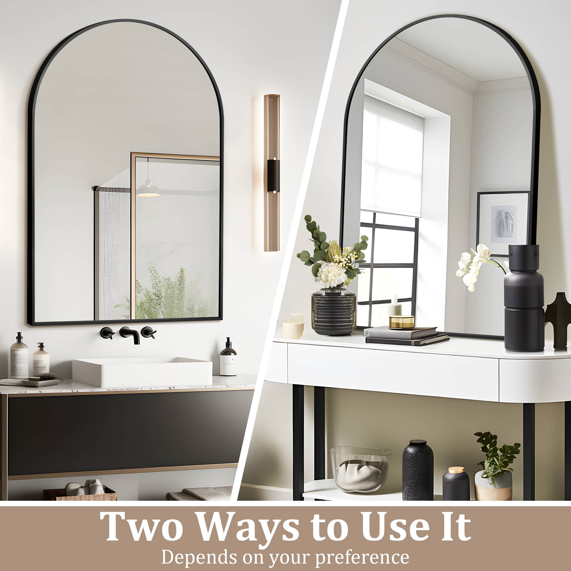 36"x 24" Aluminum Alloy Thin Edge Arched Bathroom Hanging Mirror,Black