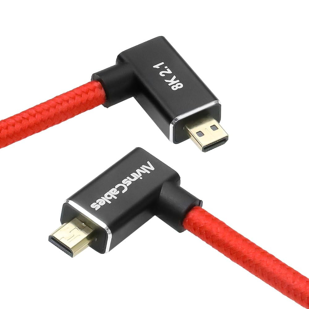 Alvin's Cables Left Angle Micro HDMI to HDMI Cable 8K@60Hz 4K@120Hz, Braided Coiled HDMI 2.1 for Sony A7RIII/A7II/A7M3, Canon R5/M6, Fujifilm X-T4/X-T3, GoPro, Nikon - Red Ultra Durable