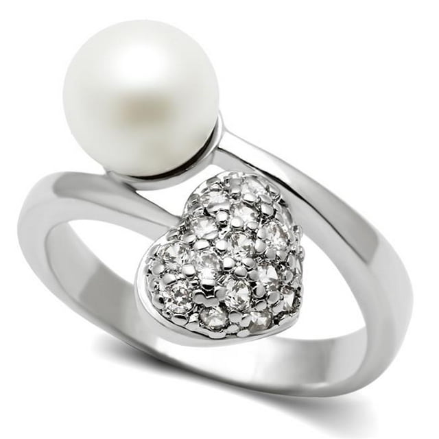 Alamode 3W192-8 Women Rhodium Brass Ring with Synthetic in White - Size 8