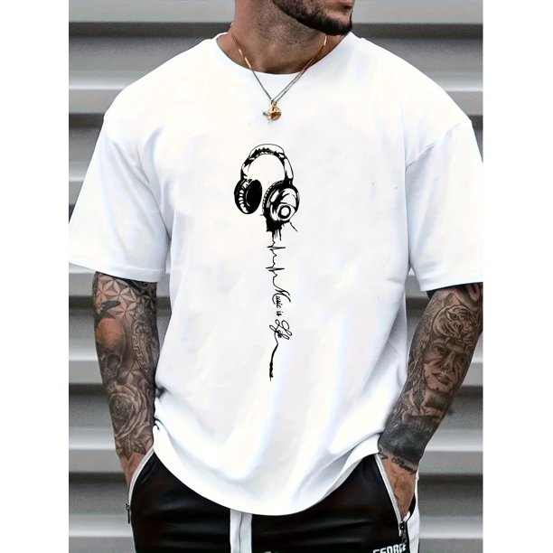 Camisetas cómodas de manga corta con cuello redondo elástico y estampado musical para hombre, ropa informal