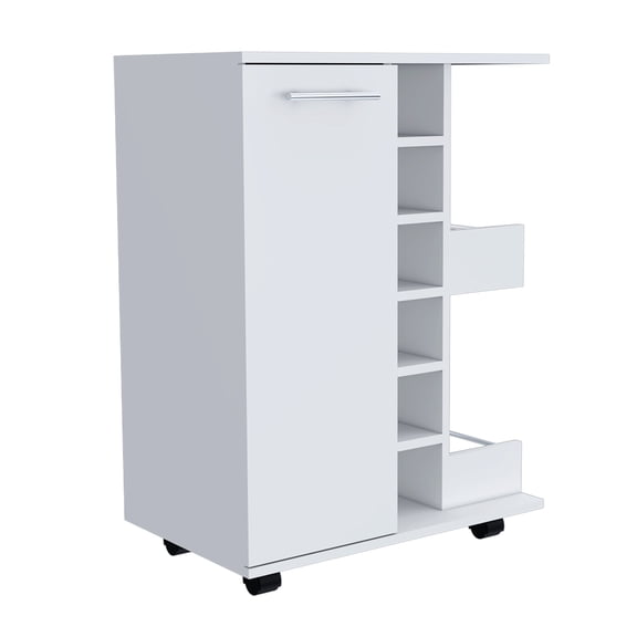 Kitchen Carts, Bar Cart, Two External Shelves, Four Casters, Six Built-in Wine Rack, Single Door Cabinet -White, White Kitchen Islands,Particle Board Metal Kitchen Carts