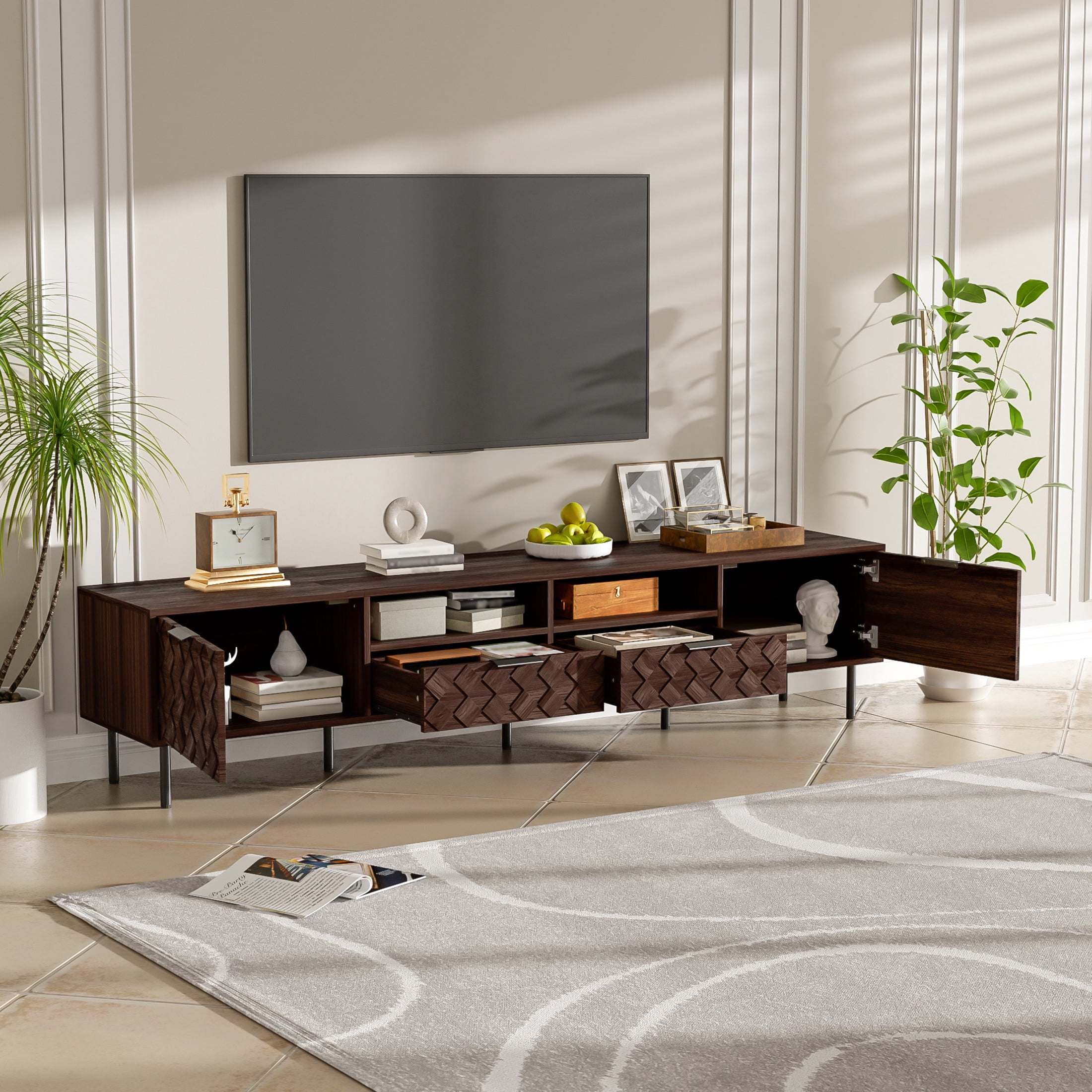 Noble House Modern TV Stand for TVs up to 85" with Storage Cabinets, Drawers and Open Shelves, Dark Brown