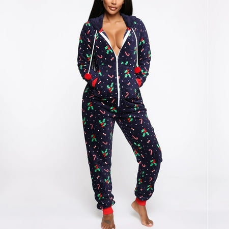 

Women Christmas Tree Pattern Long Sleeves Pajamas Non-Footed Onesie Sleepwear Jumpsuit