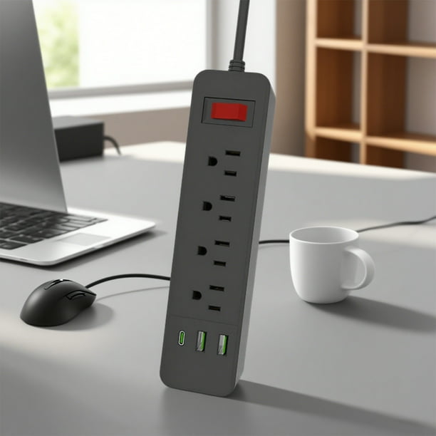 Regleta de enchufes múltiples con cable de extensión de 78,7 pulgadas y múltiples salidas USB para oficina y dormitorio. Regleta de enchufes de plástico.