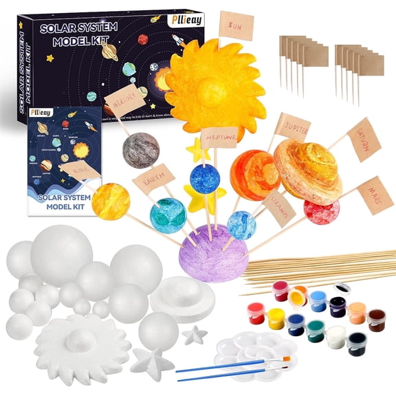 63PCS Solar System Foam Ball Kit Includes Color Pigments, Palette, Mixed Sized Polystyrene Spheres Balls, Toothpick Flag, Painting Brushes, Bamboo Sticks for School Science Projects