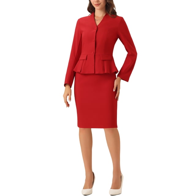 Conjuntos de trajes para mujeres INSPIRE CHIC, atuendos de negocios, blazer peplum sin cuello, falda lápiz formal, conjunto de 2 piezas XL rojo