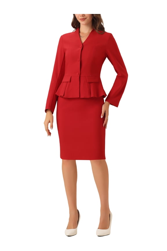 Women's Suit Sets Business Outfits Collarless Peplum Blazer Formal Pencil Skirt Suit 2 Piece Set XL Red