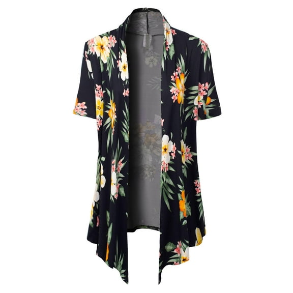 MixMatchy Women's [Made in USA] Solid Jersey Knit Short Sleeve Open Front Draped Cardigan (S-3XL)