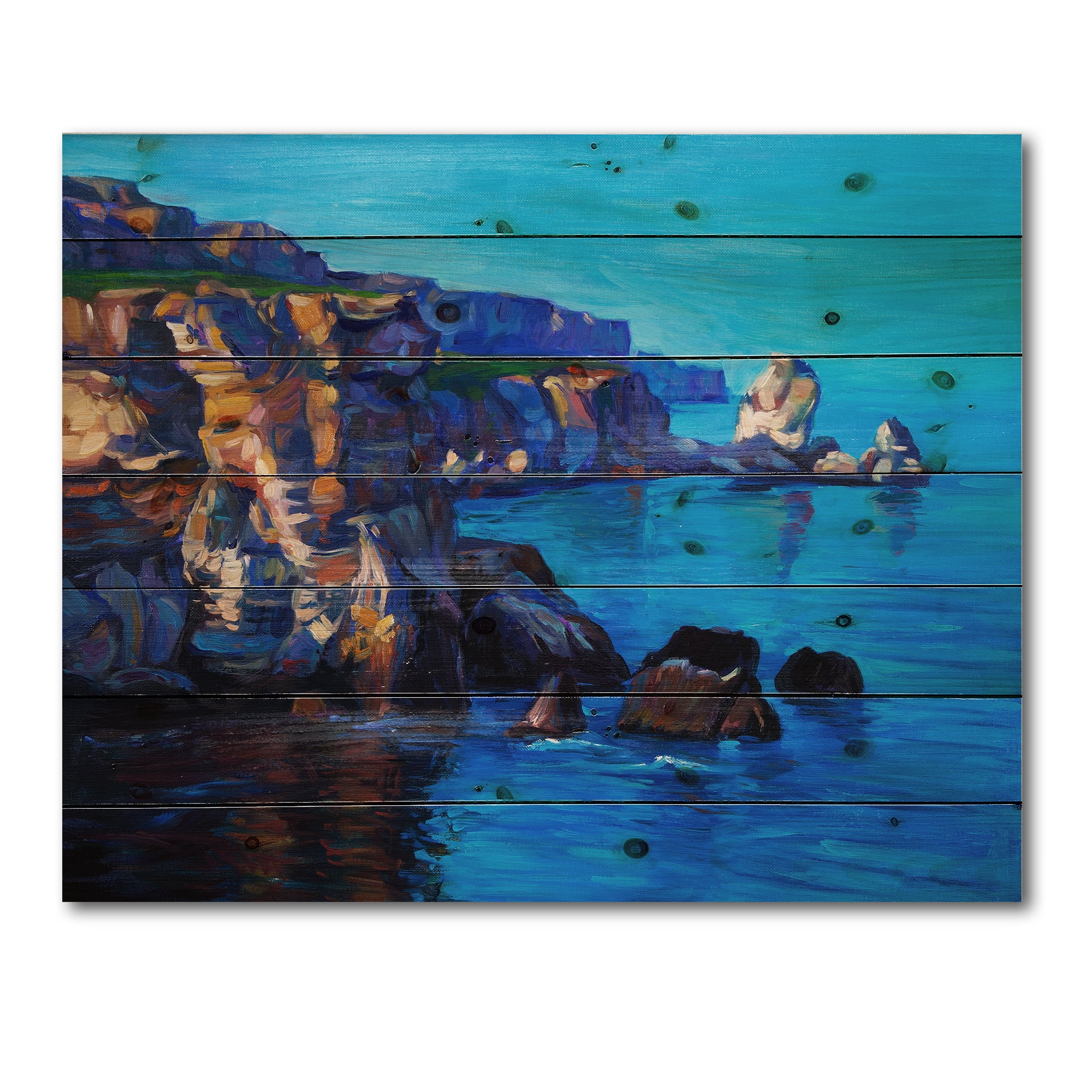 Designart 'The Ocean By Cliffs In The Evening Glow' Nautical & Coastal Print on Natural Pine Wood