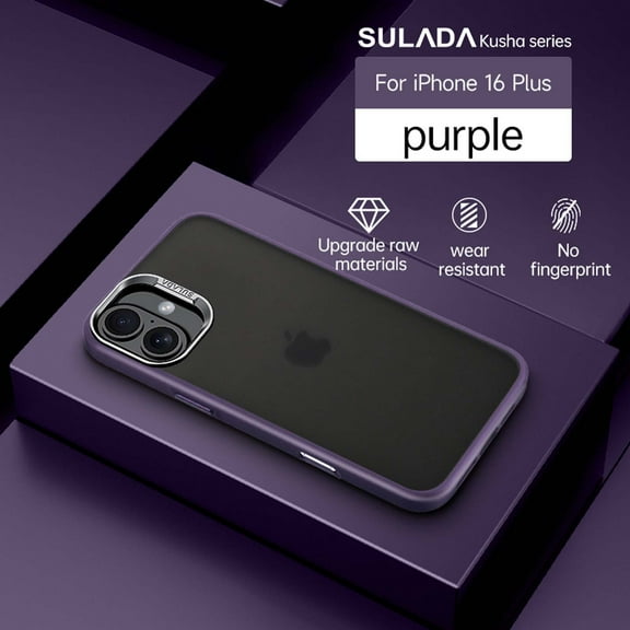 Compatible With iPhone 16 Plus Phone Case,Frosted Translucent,Metal Button Design,Shockproof Rugged Drop-proof Anti-fall Ultra Slim Thin Fit Phone Case Cover For iPhone 16 Plus,Darkpurple