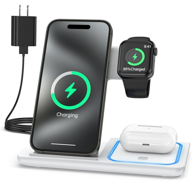 Cargador Inalámbrico, Estación de Carga Inalámbrica 3 en 1 Dock con Indicador de Respiración, Soporte de Carga Rápida Compatible con IPhone 17/16/15/14/13/12/11 Pro Max/XS, iWatch 10/9/8/7/6/5/4, Air