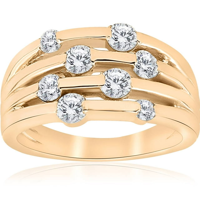 Bague Mode pour Femme en Or Jaune 1 Ct avec Vrai Diamant 14 K Main Droite à Multiples Rangées