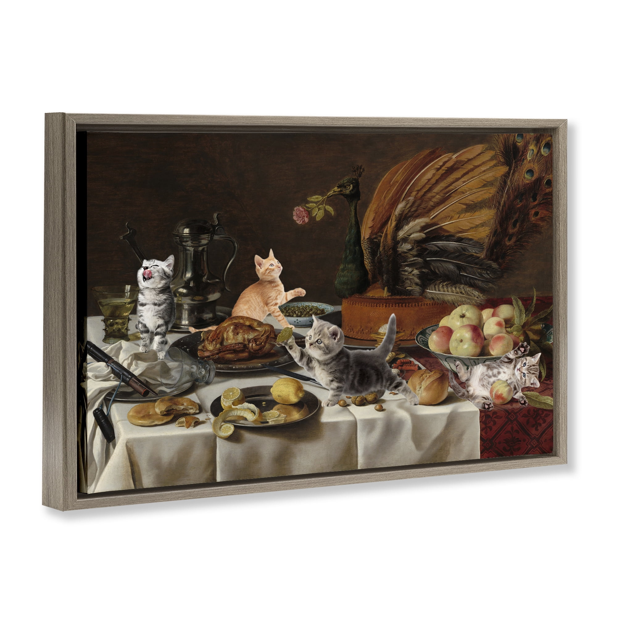 Kittens on Still Life Feast Brown Framed Floater Canvas Wall Art, design by Masters Redux