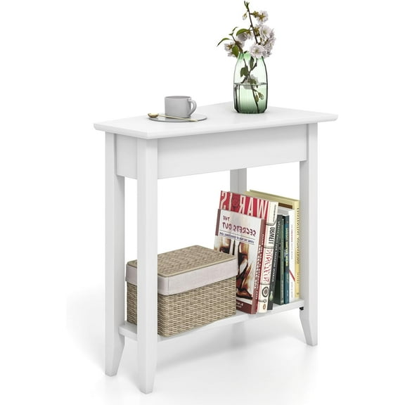 YYEAN 2-Tier Wedge End Table , Narrow Triangle Side Table with Storage Shelf, Solid Wood Legs, Nightstand, Recliner Wedge Table for Living Room, Bedroom, Small Space, 1-White