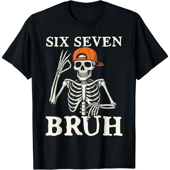 6 7 Bruh Meme Gen Alpha Halloween Skeleton Six Seven Boys T-Shirt