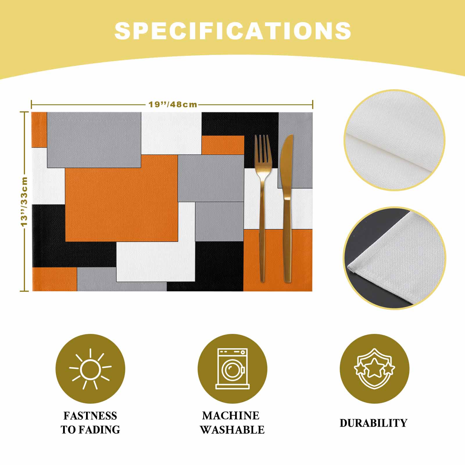 Orange Black Grey Placemats Set of 4, Middle Century Irregular Geo Abstract Art Placemats for Dining Table, Place Mats for Kitchen Tabletop, Waterproof Wipeable Dining Table Mats Set