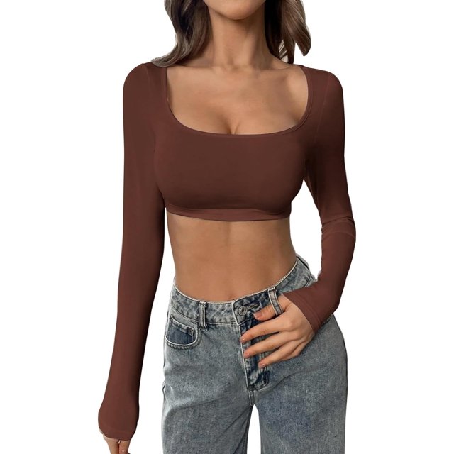 Women's Sexy Long Sleeve Square Neck Basic Slim Fitted Ribbed Knit Tee Shirts Crop Tops