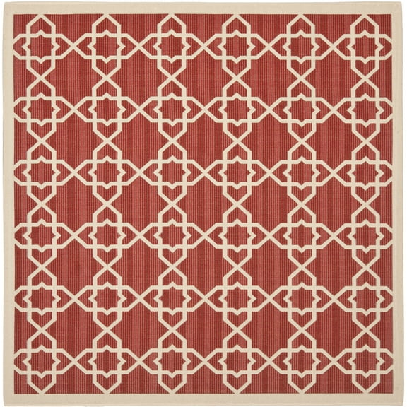 SAFAVIEH Courtyard Carol Geometric Indoor/Outdoor Area Rug, 7'10" x 7'10" Square, Red/Beige