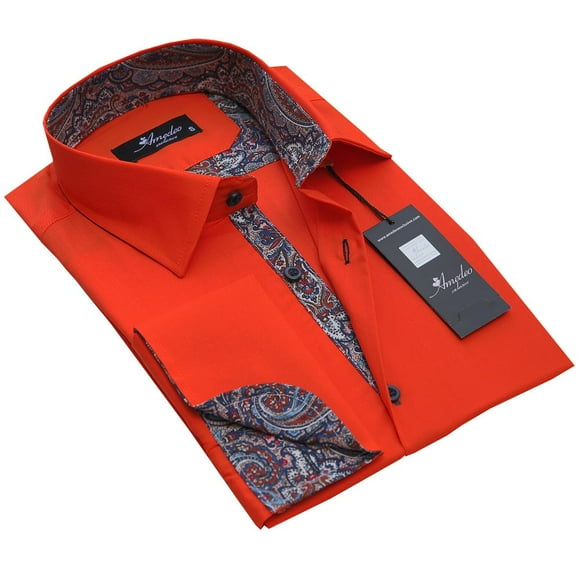 Amedeo Exclusive Neon Orange Paisley Mens Slim Fit French Cuff Dress Shirts with Cufflink Holes - Casual and Formal, Medium