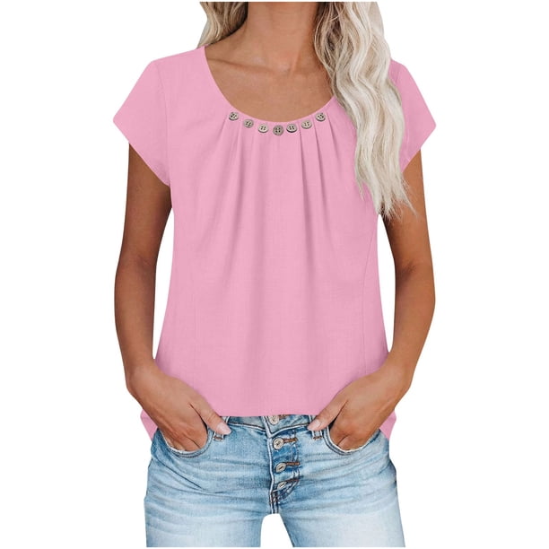 Tops de Color Sólido para las Mujeres Cuello Redondo de Manga Corta con Detalle de Botón Plisado Casual, Tops de Cuello Redondo para las Mujeres