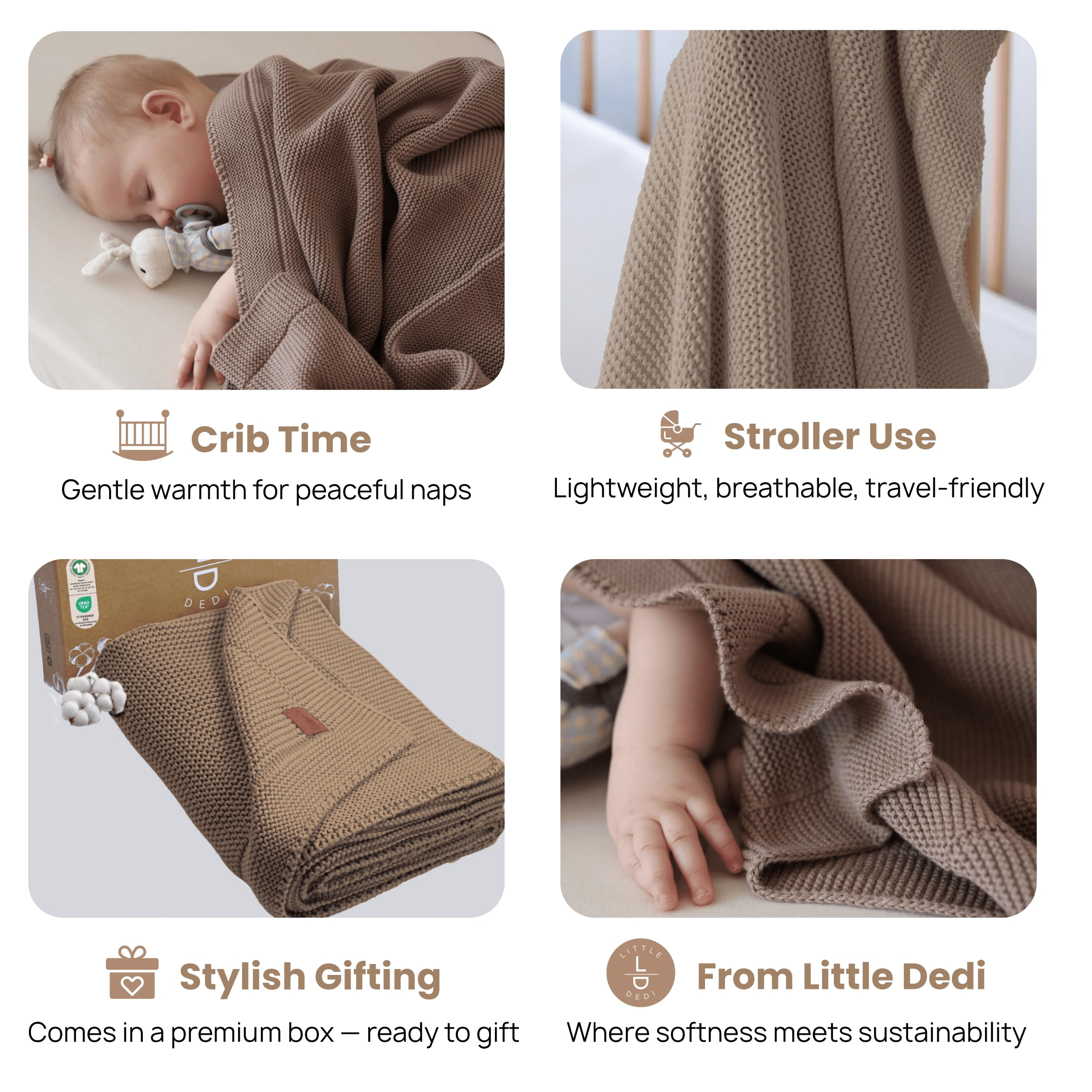 Little Dedi 100% Organic Cotton Baby Knitted Blanket with Gift Box - Soft Toddler, Crib, Stroller Blanket - Neutral Swaddle and Receiving Blanket for Newborns, 30"x40", Mocha Meringue
