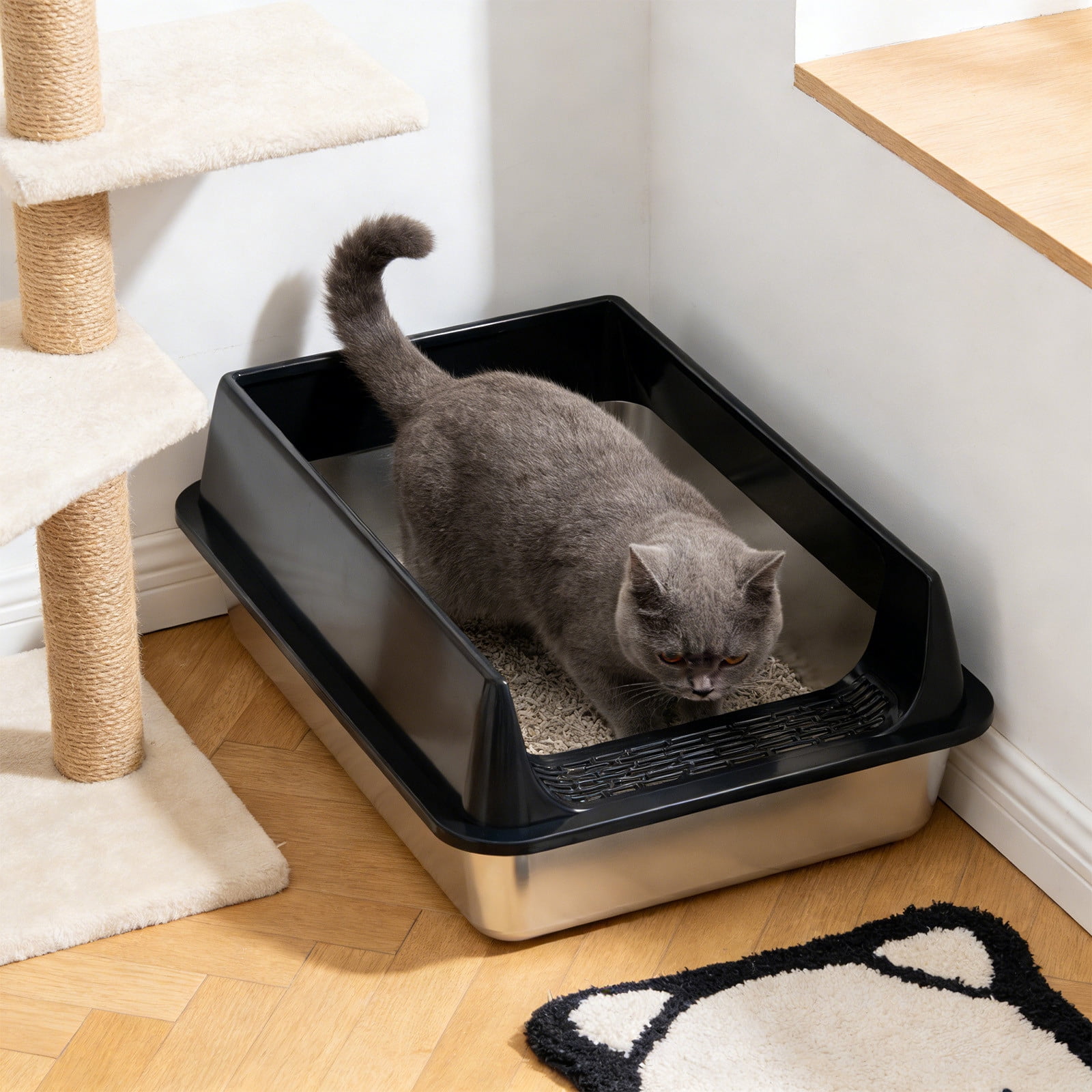 Stainless Steel Cat Litter Box - 11.8x15.7x7.8in Large Metal Litter Box with High Side, Anti-Leakage Non-Sticky Easy Cleaning for Small and Large Cats, Black